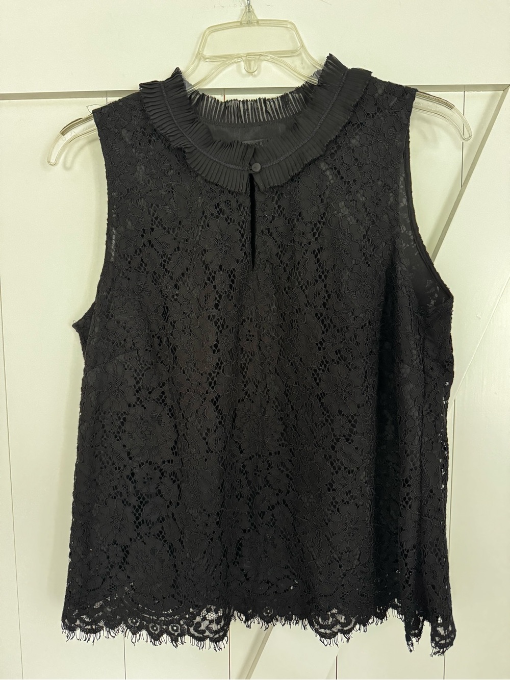 JCrew Black Lace Sleeveless Top with Pleated Collar